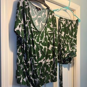 Ellos Green Leaf Pattern Top Size 1X Pants size Large